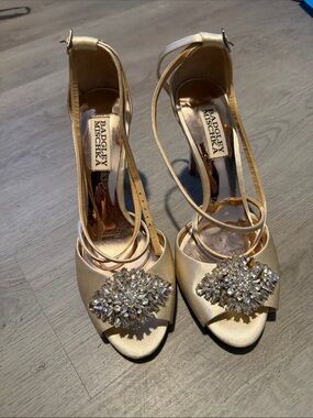 Badgley Mischka Gold Crystal-Embellished Strappy Evening Heels
